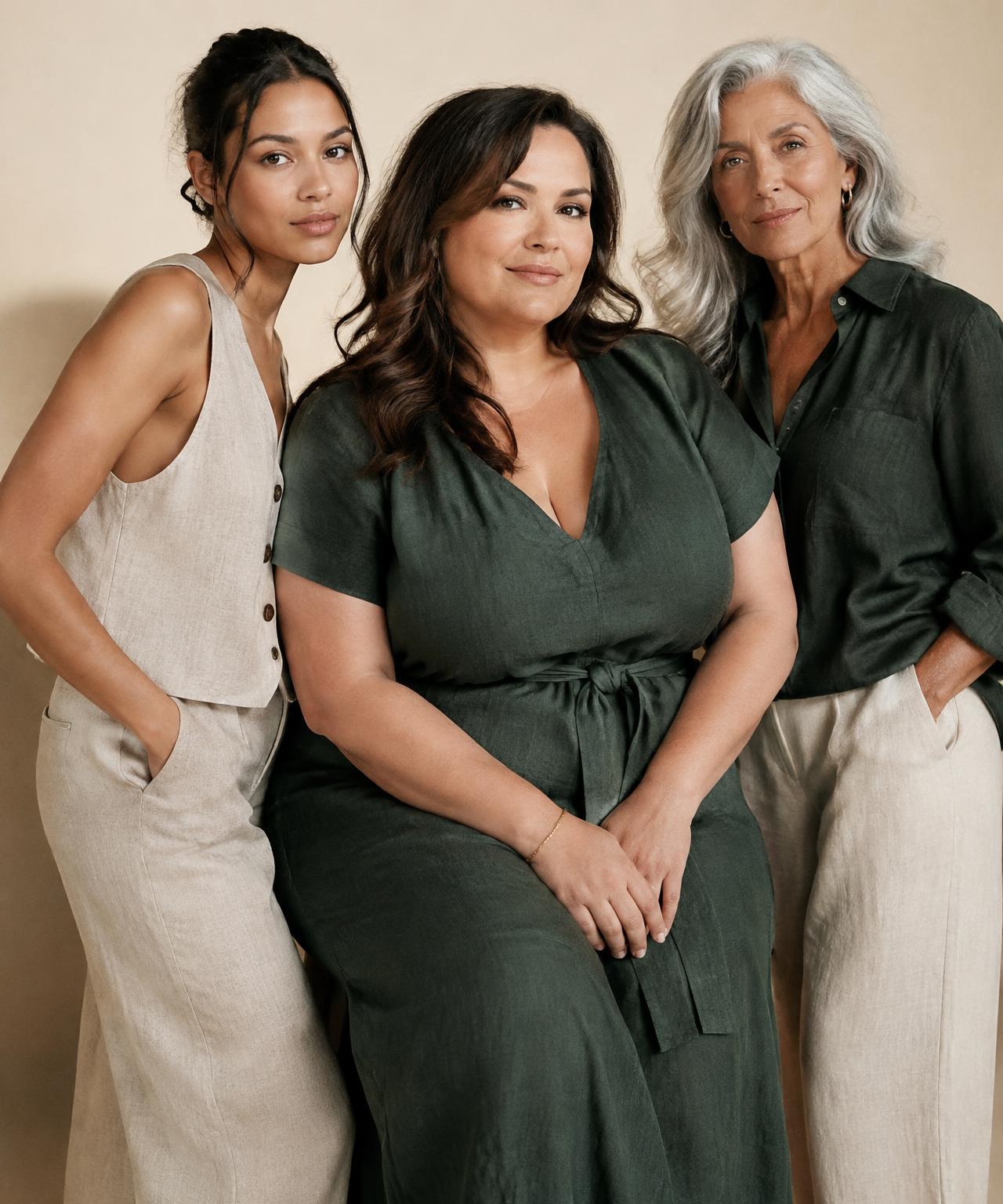 Three women of different ages and sizes in linen and green outfits
